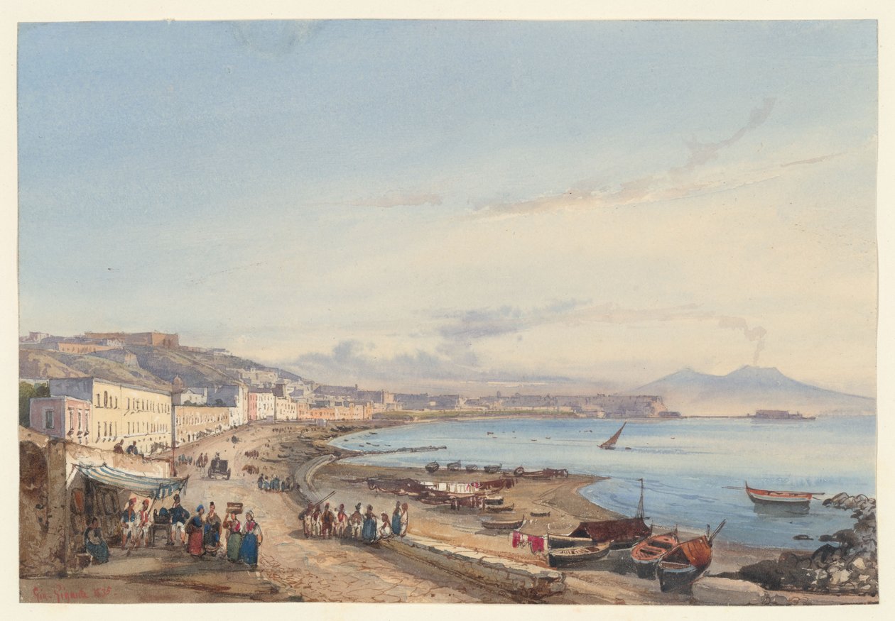 Utsikt over Napoli og Vesuv fra Posillipo, ett av fire små motiver av Napoli fra et «Album Amicorum» av Giacinto Gigante