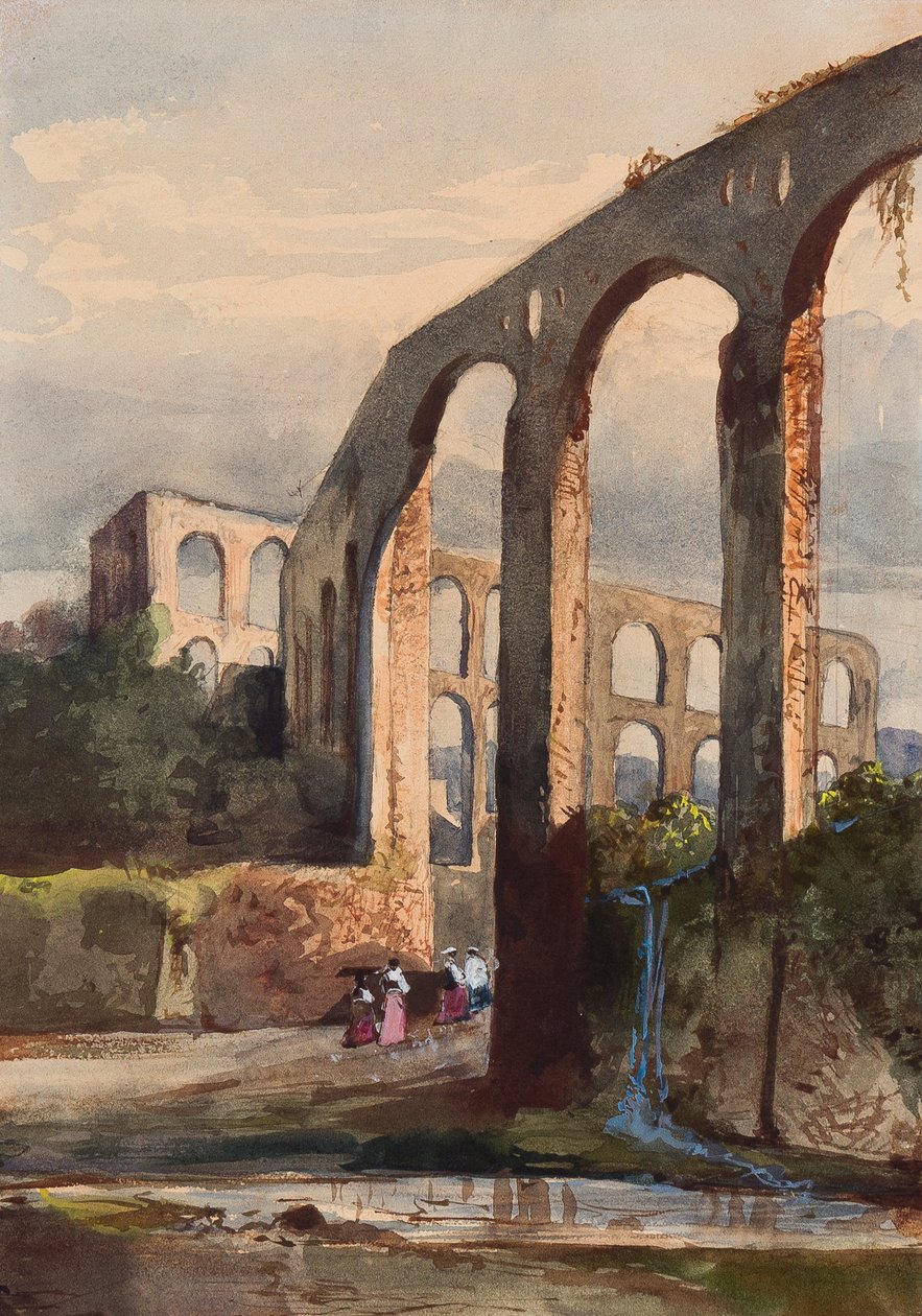 Kvinner under den romerske akvedukten ved Maddaloni, med tillegg av en Borbone-elev, muligens prinsesse Maria Annunziata di Borbone (1843-1871) (blyant, wc og gouache på papir) av Giacinto Gigante