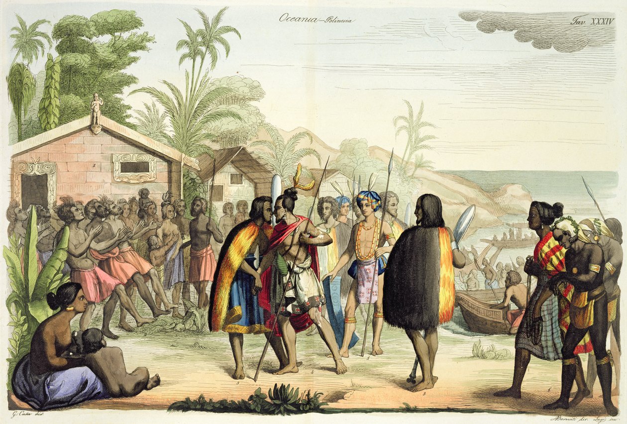 Polynesiske innfødte hilsen og rubbing neser, gravert av A. Bernati av Giacomo Casa