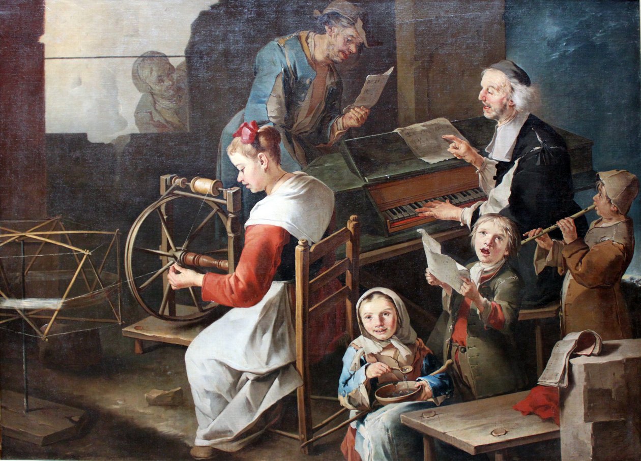 Innenriksscene med musikere og en spinner av Giacomo Francesco Cipper