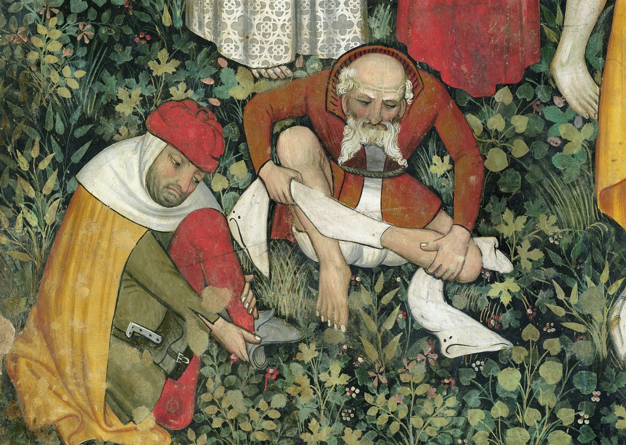 The Fountain of Life, detalj av eldre menn som kler av seg, freskomaleri fra 1418-30 av Giacomo Jaquerio