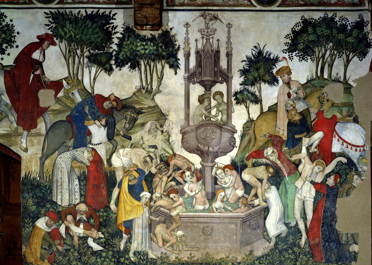 The Fountain of Life, detalj av mennesker som ankommer og bader i fontenen, 1418-30 av Giacomo Jaquerio