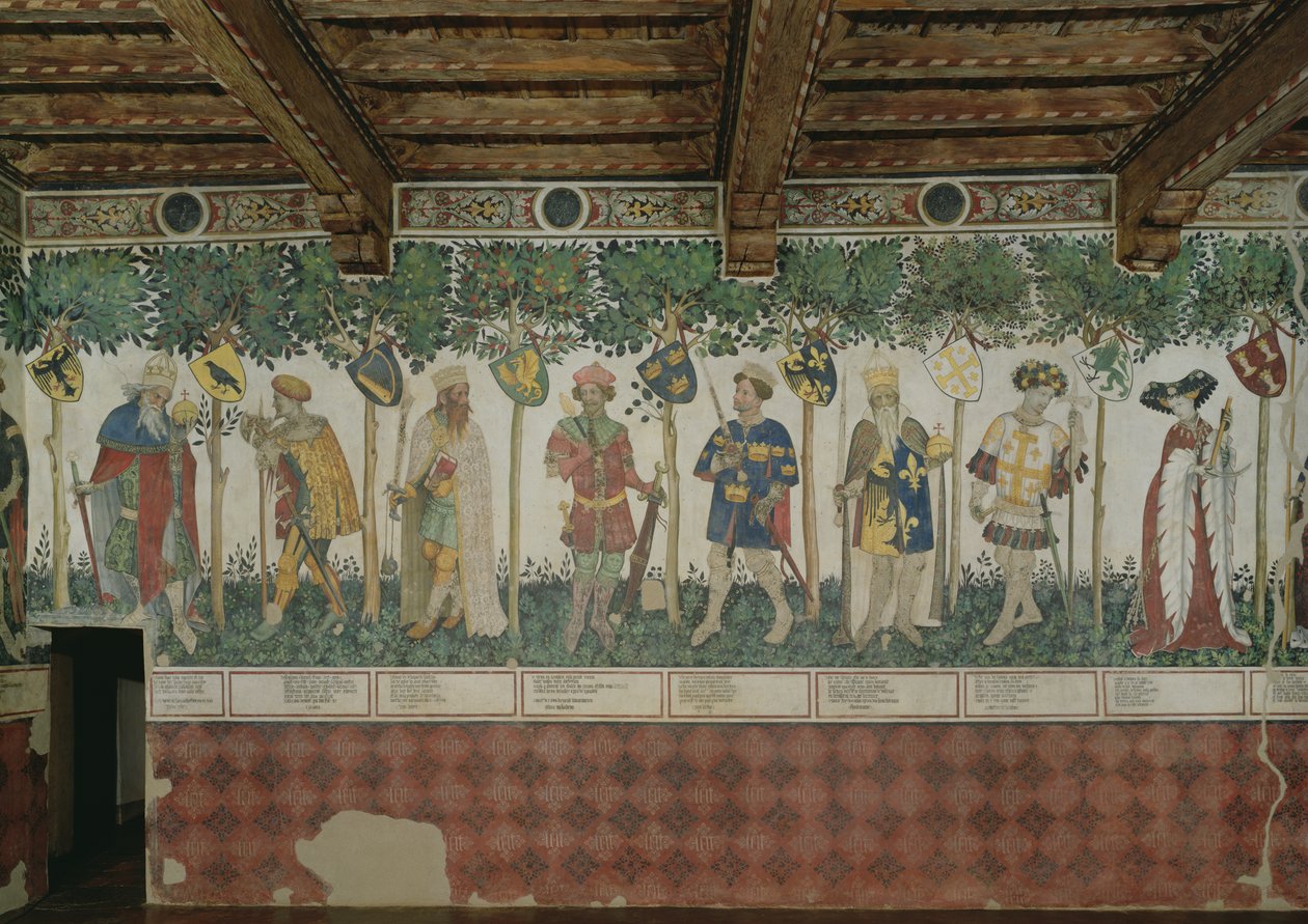 De ni verdige og de ni verdige kvinnene, detalj av Julius Caesar, Joshua, kong David, Judas Maccabeus, kong Arthur, Karl den Store, Godfrey de Bouillon og Delphine, 1418-30 av Giacomo Jaquerio
