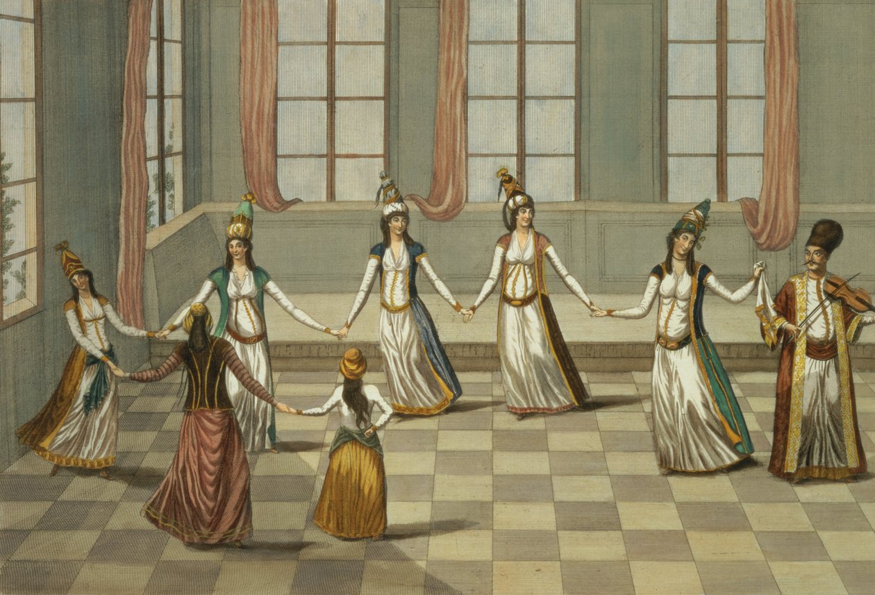 Dans som er moteriktig med de greske kvinnene i Konstantinopel, ledet av kvinnen som holder et lommetørkle, gravert av Ignazio Colombo, ca. 1816 av Giacomo Leonardis