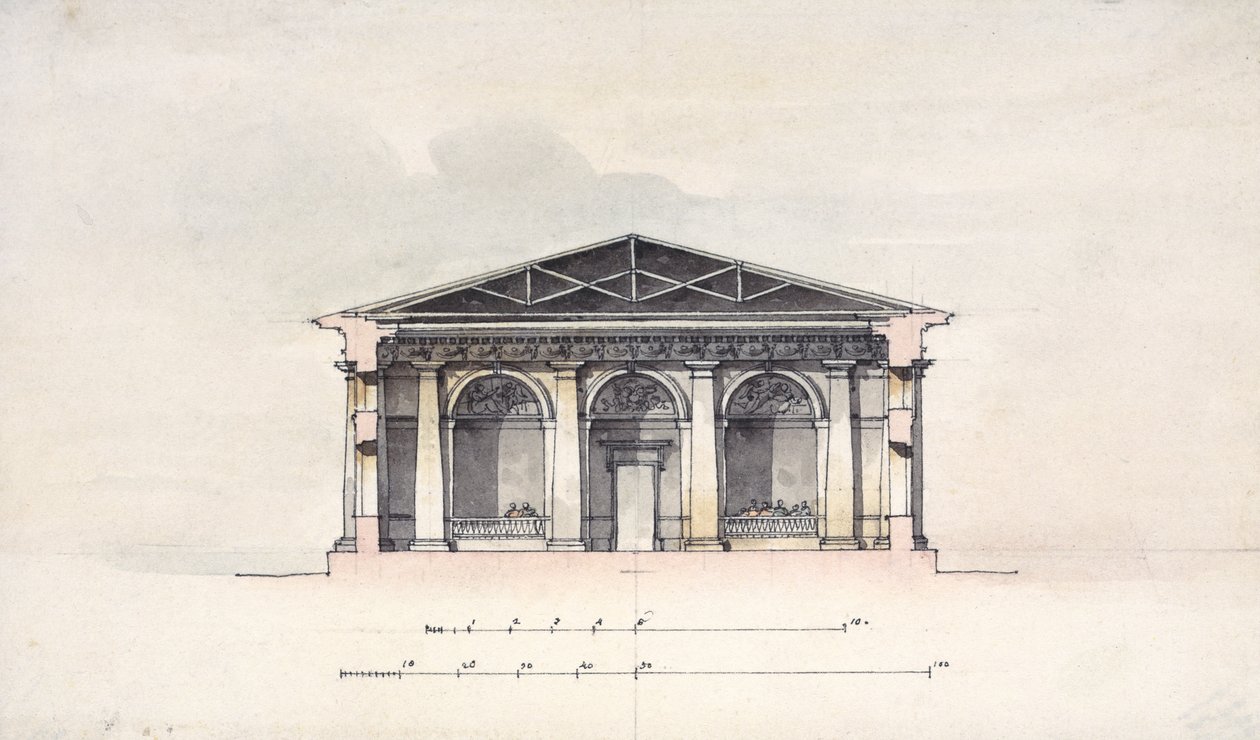 Tverrsnittsvisning av ridestallen ved Tsarskoye Selo, 1792 (penn og blekk og wc på papir) av Giacomo Antonio Domenico Quarenghi