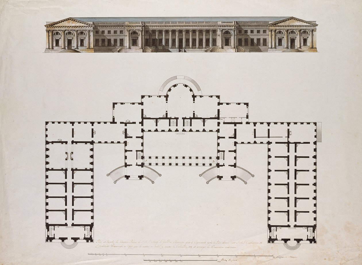 Nordoversikt og grunnplan av Alexander-palasset i Tsarskoje Selo, ca. 1780-tallet (penn og svart og brunt blekk, grå vask og wc på papir) av Giacomo Antonio Domenico Quarenghi