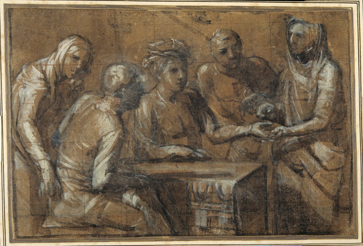 Fem figurer i et interiør (kull forhøyet med hvit kroppsfarge) av Giacomo (attr. to) Cavedone
