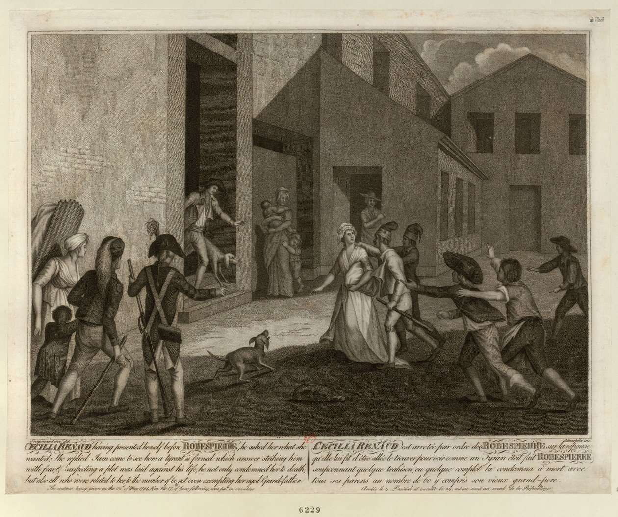 Arrestasjonen av Cécile Renault 22. mai 1794 i leiligheten til Robespierre, ca. 1798. av Giacomo Aliprandi