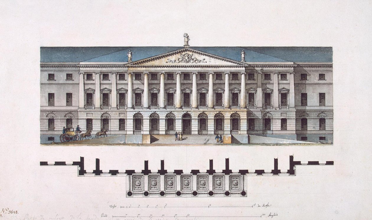 Prosjekt fra Smolny Institute. Hovedfasaden og planplanen, 1806-1808 av Giacomo Antonio Domenico Quarenghi