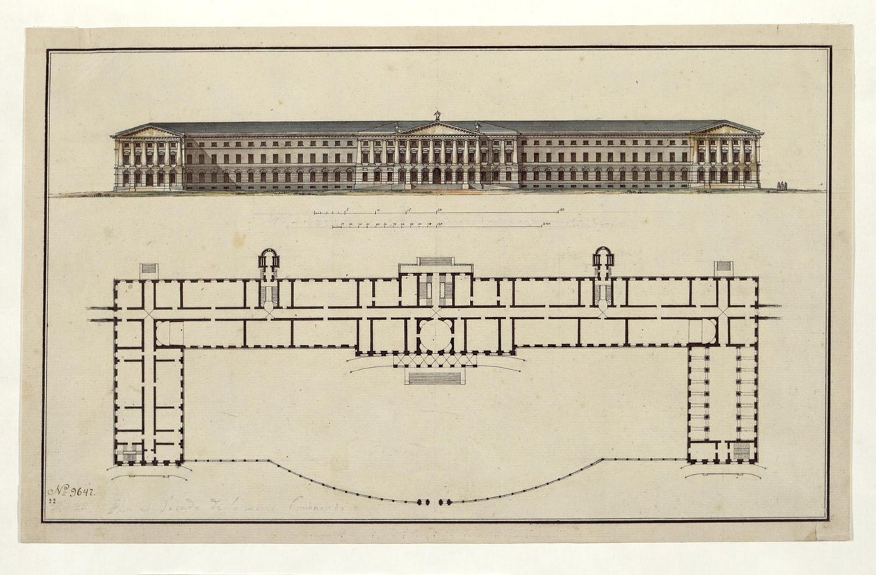 Prosjekt fra Smolny Institute. Hovedfasaden og planplanen, 1806-1808 av Giacomo Antonio Domenico Quarenghi