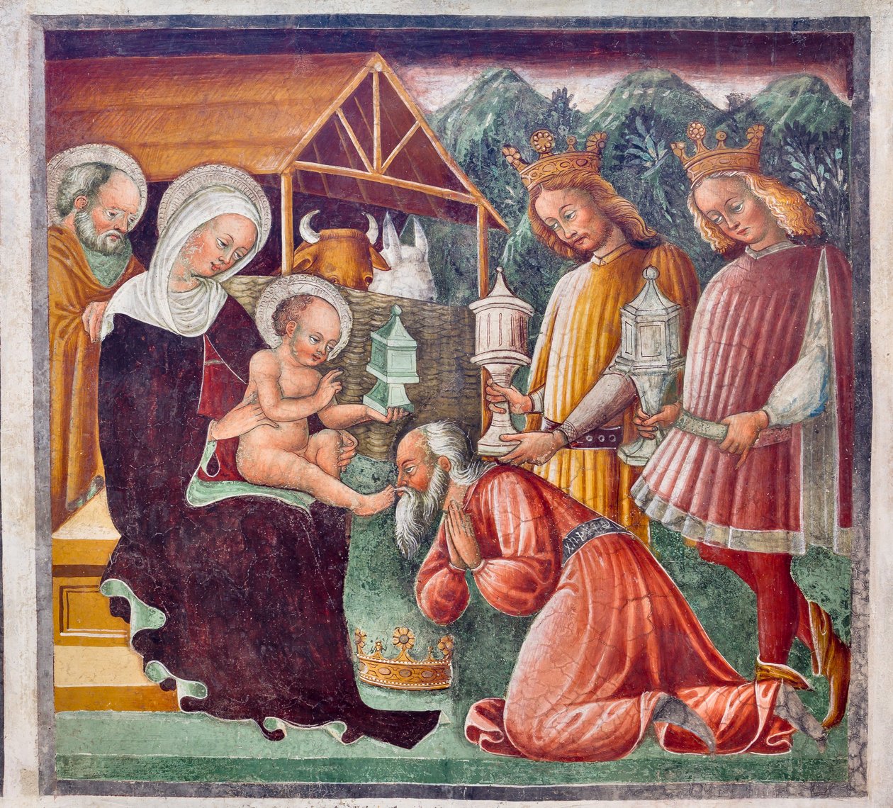 Tilbedelse av magiene, detalj fra Jesu liv av Giacomo Borlone de Buschis