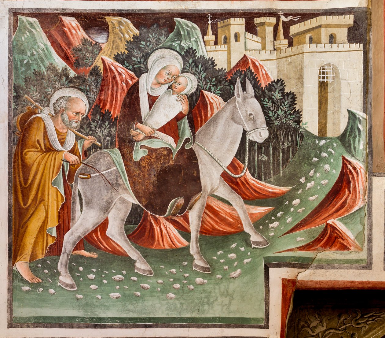 Flukt til Egypt, detalj fra Jesu liv av Giacomo Borlone de Buschis
