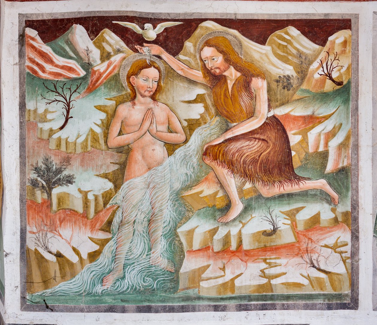 Døperen Johannes som døper Jesus i Jordan-elven, detalj fra Jesu liv av Giacomo Borlone de Buschis