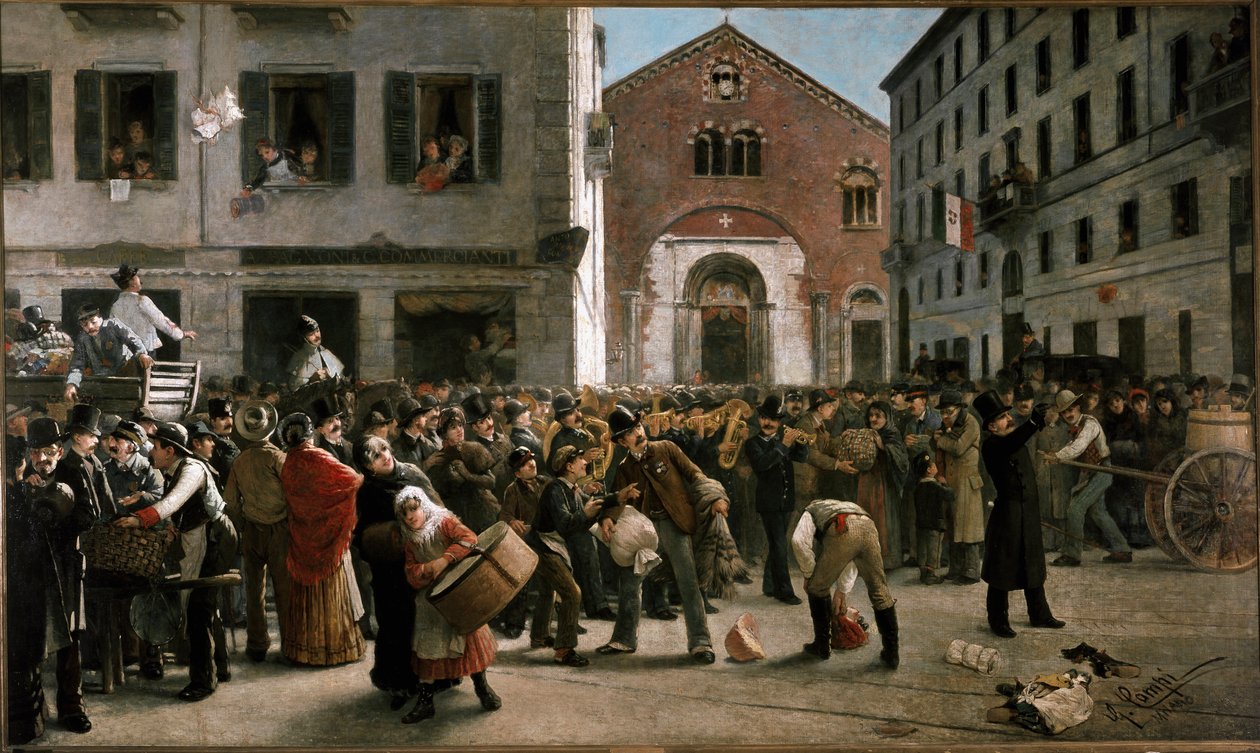 Innsamling i corso Garibaldi i Milano for ofrene for flom nær Verona, 24. desember 1882 (maleri av Giacomo Campi