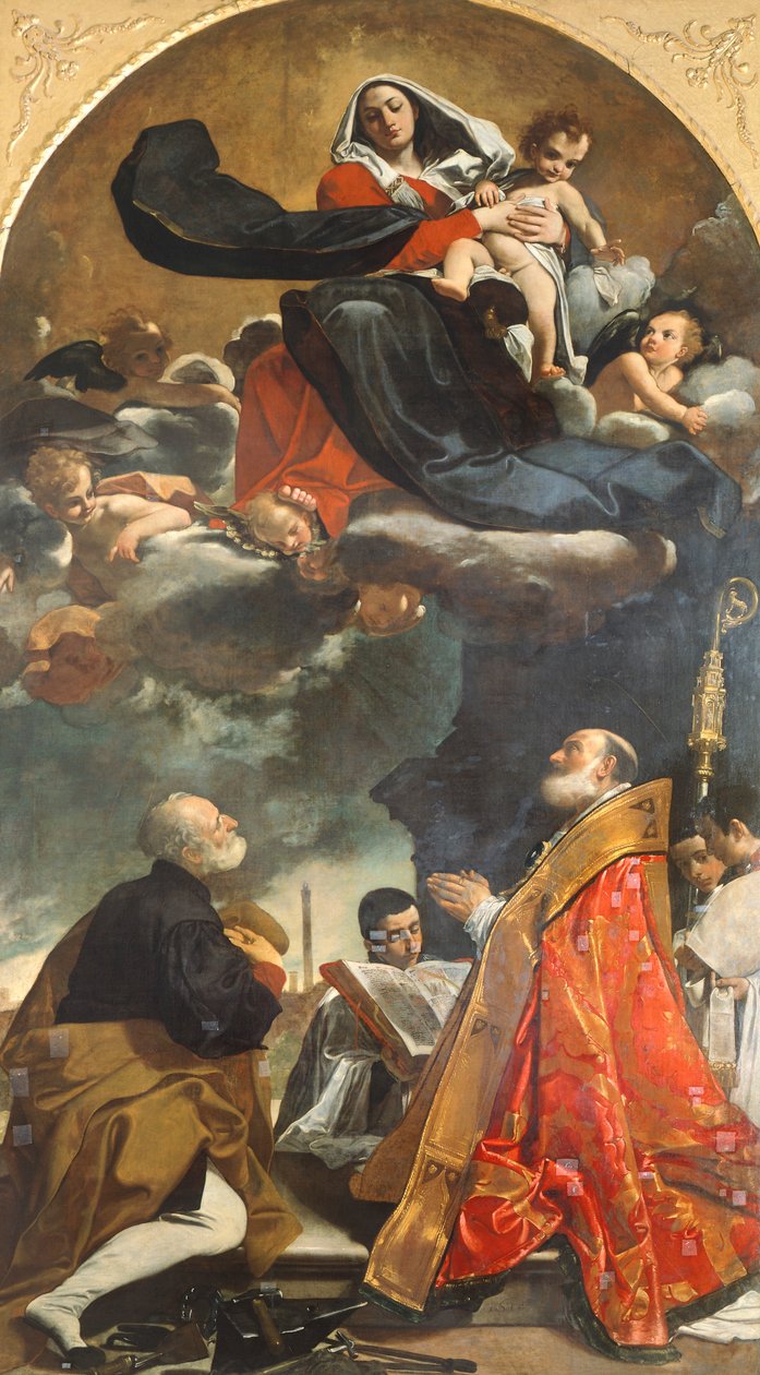 Altertavle som viser Jomfru med de hellige Petronius og Alo av Giacomo Cavedoni