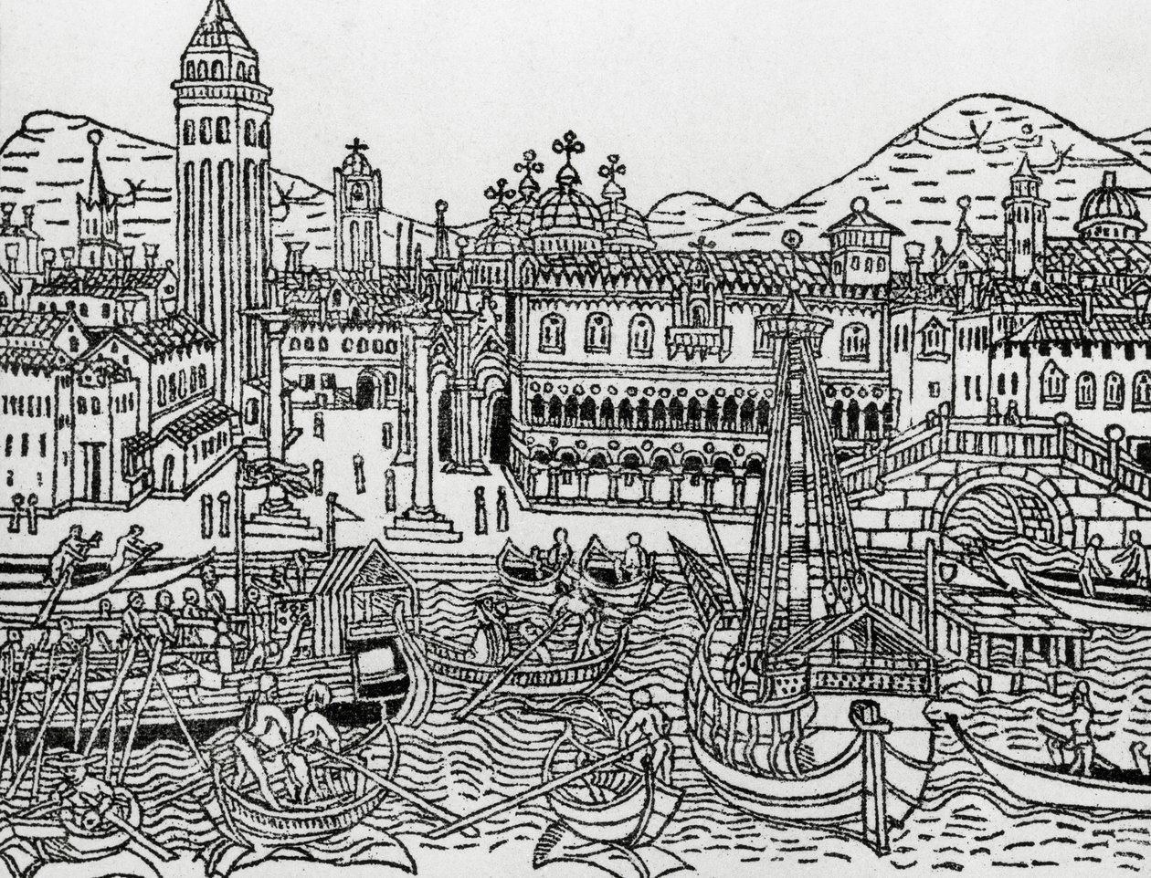 Utsikt over Venezia på 1400-tallet, Italia, tresnitt, fra Supplementum chronicarum av Giacomo Filippo Foresti (1434-1520) av Giacomo Filippo Foresti
