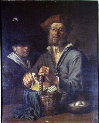 En gammel bonde og en hushjelp ved et bord av Giacomo Francesco Cipper