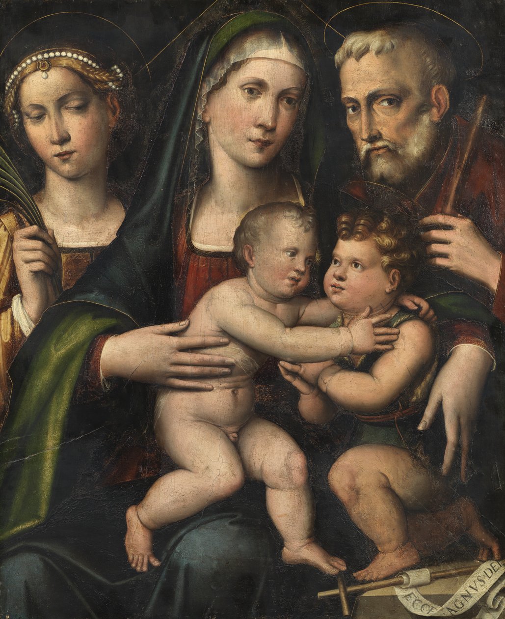 Hellig familie med spedbarnet Saint John og Saint Catherine, ca. 1530 av Giacomo Francia