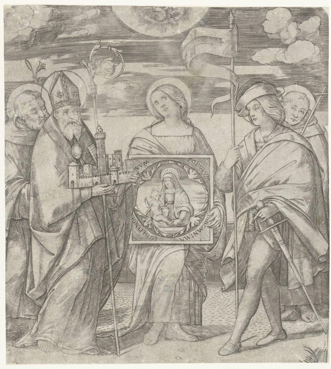 Fem skytshelgener av Bologna som skildrer Maria av Giacomo Francia