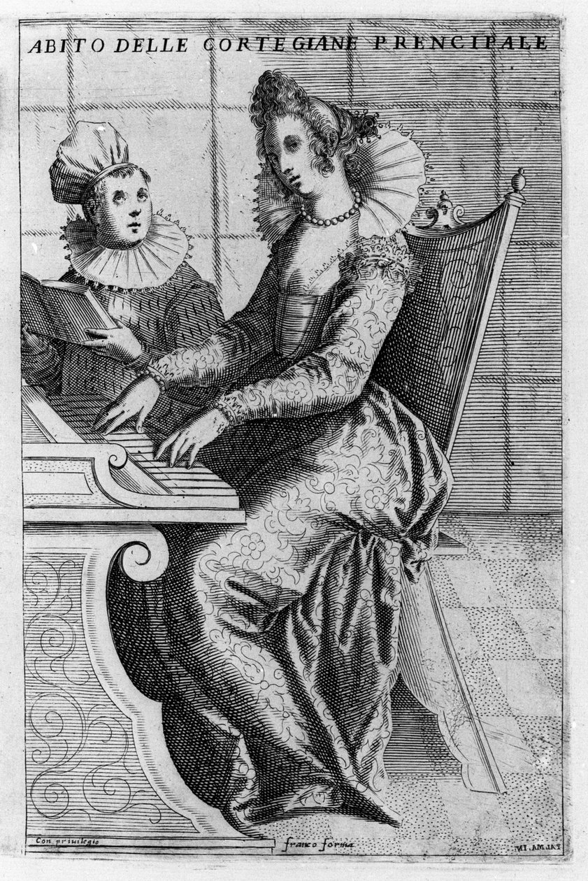 En kurtisane i elegant kjole som spiller piano. Gravering av Giacomo Franco (1550-1620) fra "Venezia, bruk og skikker"", ca 1597. av Giacomo Franco