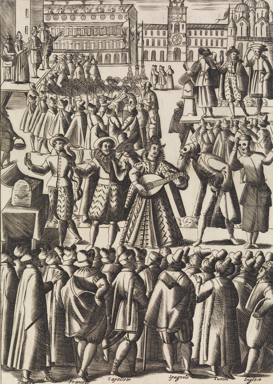 Underholdning som sjarlataner gir hver dag på Piazza di S. Marco al Populo ..., ca. 1610. av Giacomo Franco