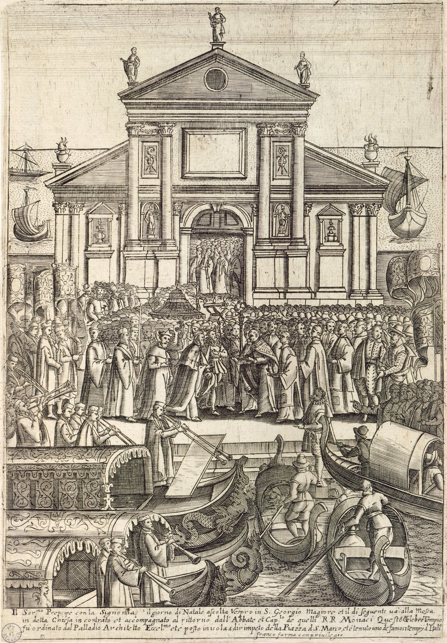 Dogen og hans følge lytter til vesperen 1. juledag i San Giorgio Maggiore-kirken i Venezia av Giacomo Franco