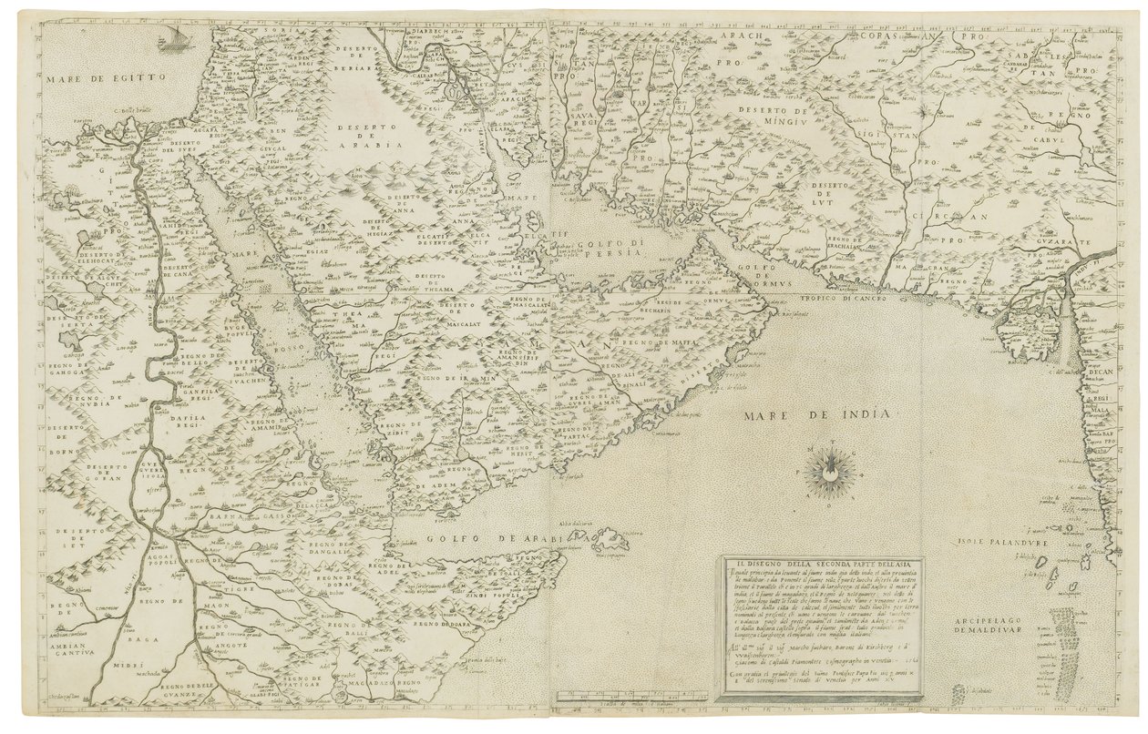 Kart over India og Sørøst-Asia; Den tredje deltegningen av Asia, 1561 av Giacomo Gastaldi