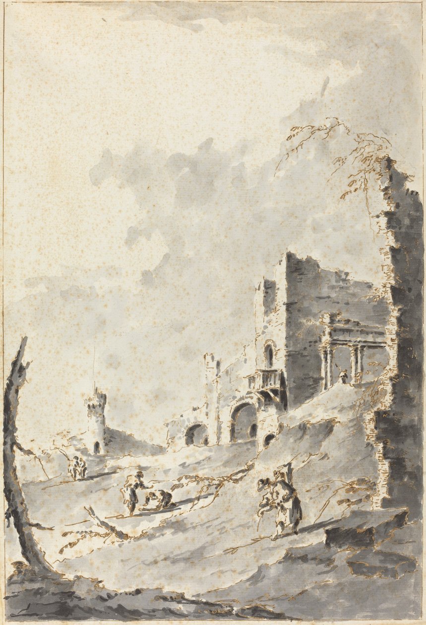 Capriccio av klassiske ruiner med en festning av Giacomo Guardi