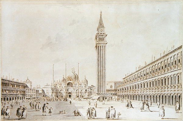 Utsikt over Piazza San Marco med utsikt mot basilikaen og Campanile (penn og blekk med vask på papir) av Giacomo Guardi