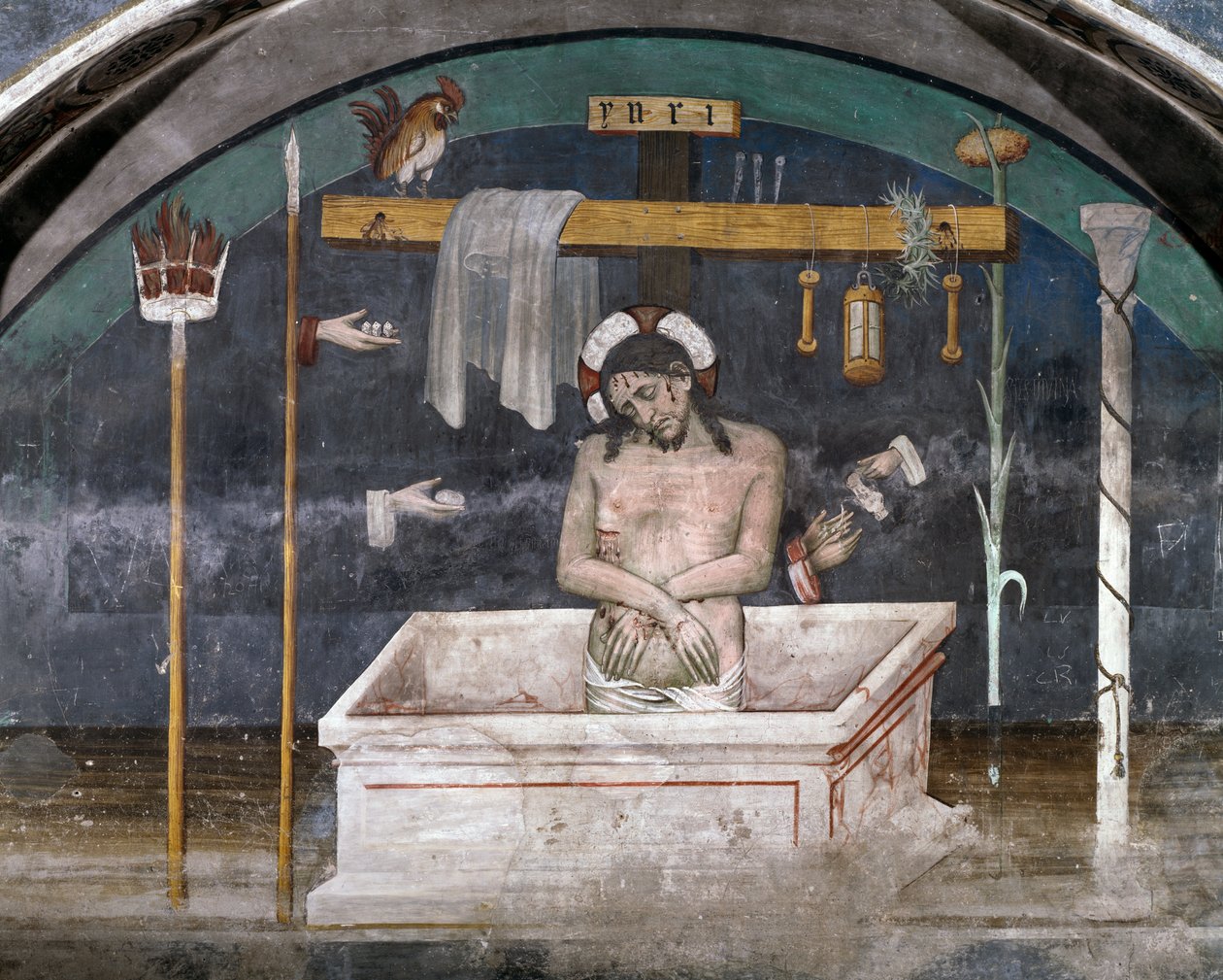 Kristus omgitt av lidenskapssymboler, freskomaleri av Giacomo Jaquerio (1375-1453), klosteret St. Antonius av Ranverso, Buttigliera Alta, Piemonte, Italia av Giacomo Jaquerio