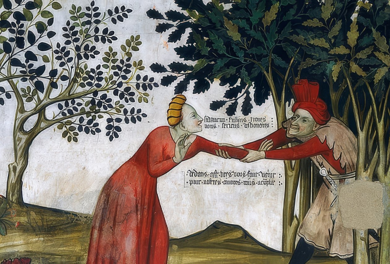Ungdommens kilde. Detalj: en mann trekker en kvinne inn i buskene. 1418-30 av Giacomo Jaquerio