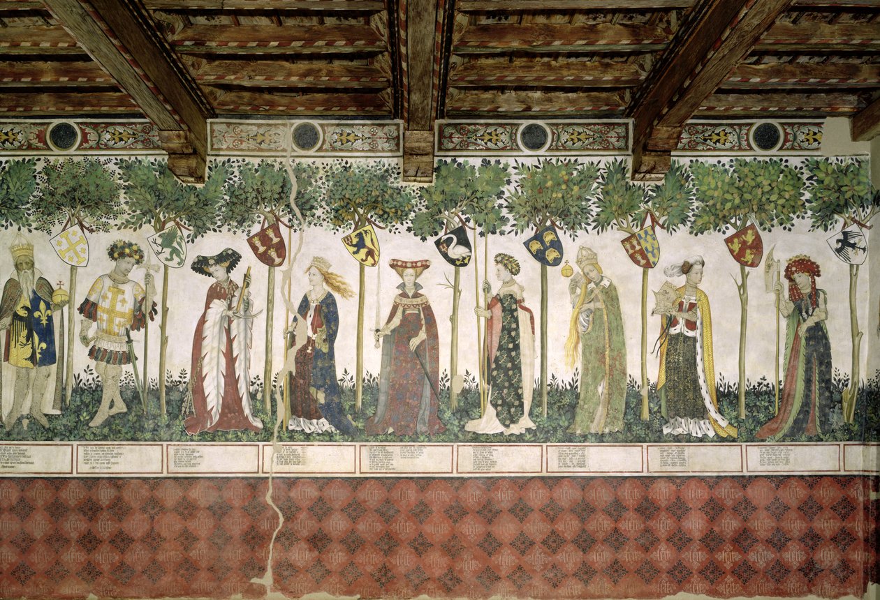 De ni verdige og de ni verdige kvinnene, detalj av Charlemagne, Godfrey de Bouillon, Delphine, Iynoppe, Hippolyte, Menalyppe, Semiramis, Lampeto og Tamyris, 1418-30 av Giacomo Jaquerio