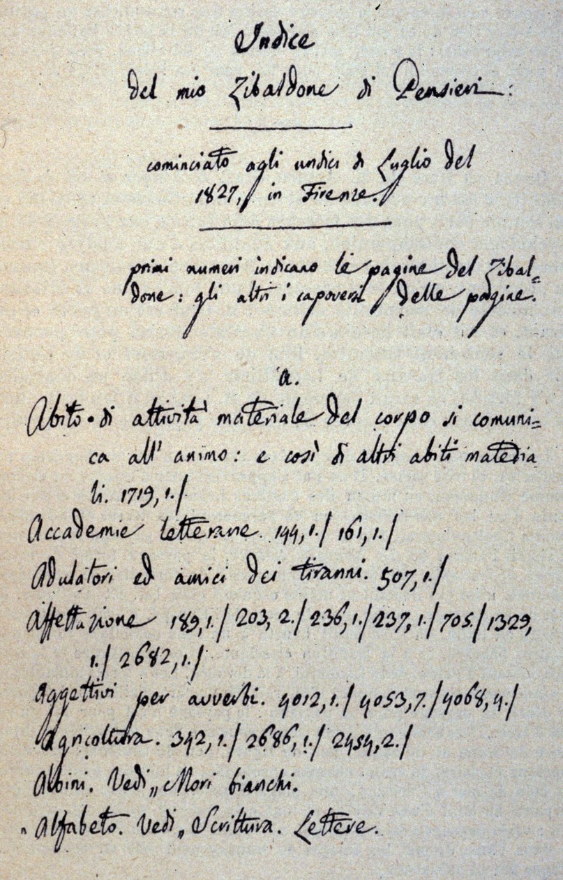 Incipit av manuskriptet til Zibaldone (eller "Pensieri") av Giacomo Leopardi (1798 - 1837). 1817-1832 av Giacomo Leopardi