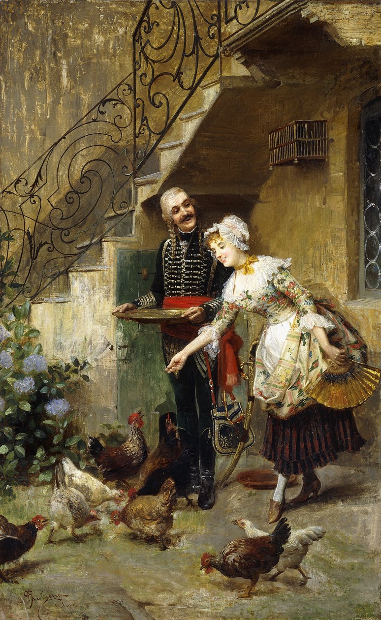 Et elegant par mater kyllinger i en gårdsplass, av Giacomo Mantegazza