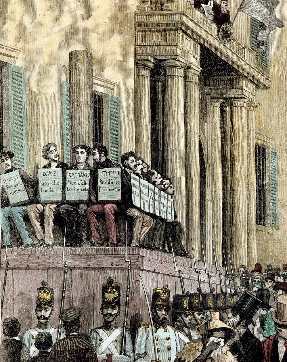 Risorgimento: "" medlemmer av Giovine Italia-bevegelsen (inkludert Carlo Cattaneo (1801-1869), Tinelli, Danzi, Bussi) sitter foran Justispalasset i Milano og lytter til dommen som dømte dem til eksil i 1848"" 1884 Litografi av Manteg av Giacomo Mantegazza