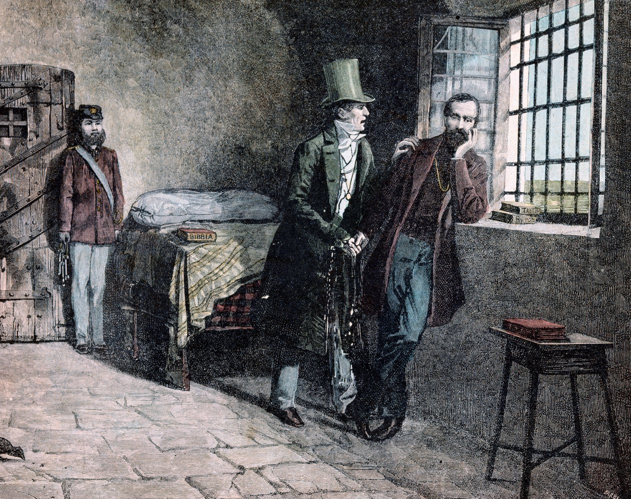 Risorgimento: "" den italienske patrioten Giuseppe Mazzini (1805-1872) fengslet i Savona i 1830 møter sin far som presser ham til å forlate de sardinske statene"" Gravering av Giacomo Mantegazza (1853-1920) 1884 Privat samling av Giacomo Mantegazza