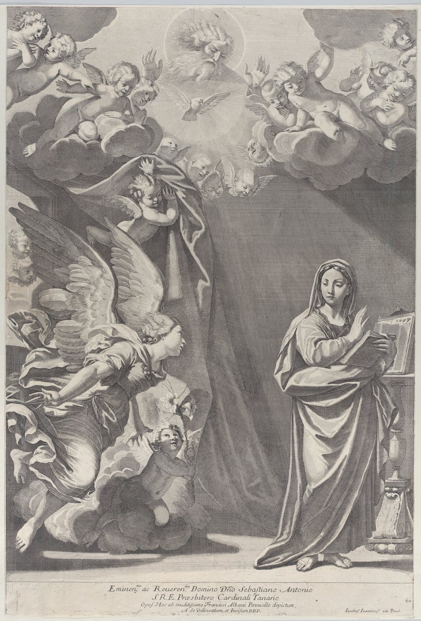 Bebudelsen, med Gabriel og andre engler til venstre og Gud Faderen over, 168..., 1687-1717. av Giacomo Maria Giovannini
