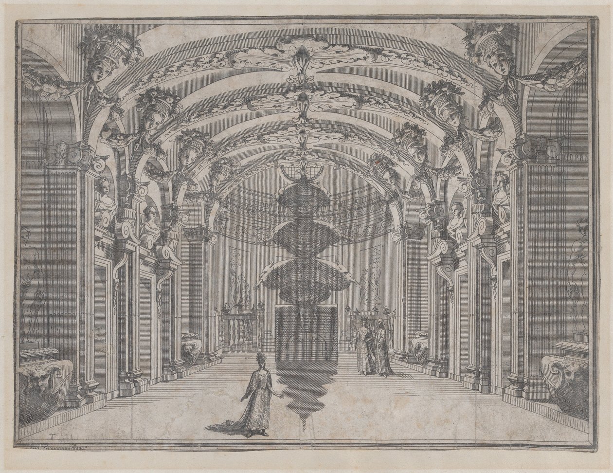 Teaterscene i en stor sal med hvelvet tak og en sentral skulptur, ..., ca. 1687-1717. av Giacomo Maria Giovannini