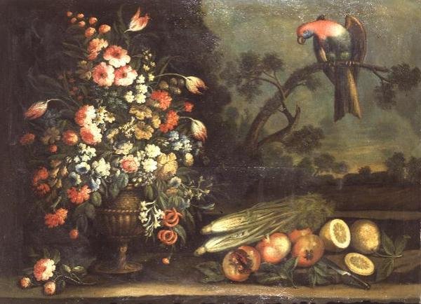 Stilleben, blandede blomster, grønnsaker og papegøye av Giacomo Nani
