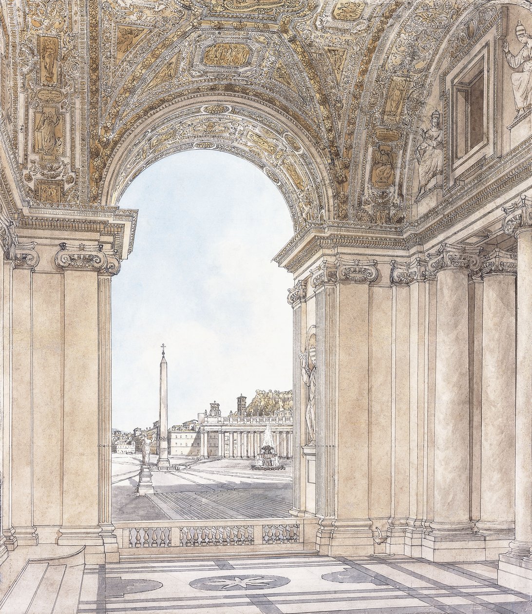 En utsikt over Piazza San Pietro, Roma ser sørover fra portikoen til basilikaen, før 1779 av Giacomo Quarenghi