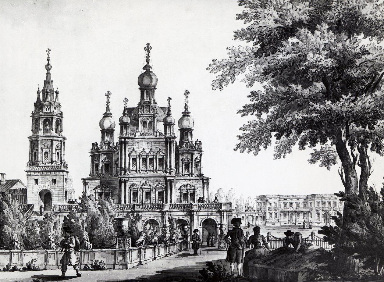 Himmelfartskirken og Gagarin-palasset i Moskva, tegning av Giacomo Quarenghi Domenico (1744-1817), trykk, Russland av Giacomo Quarenghi