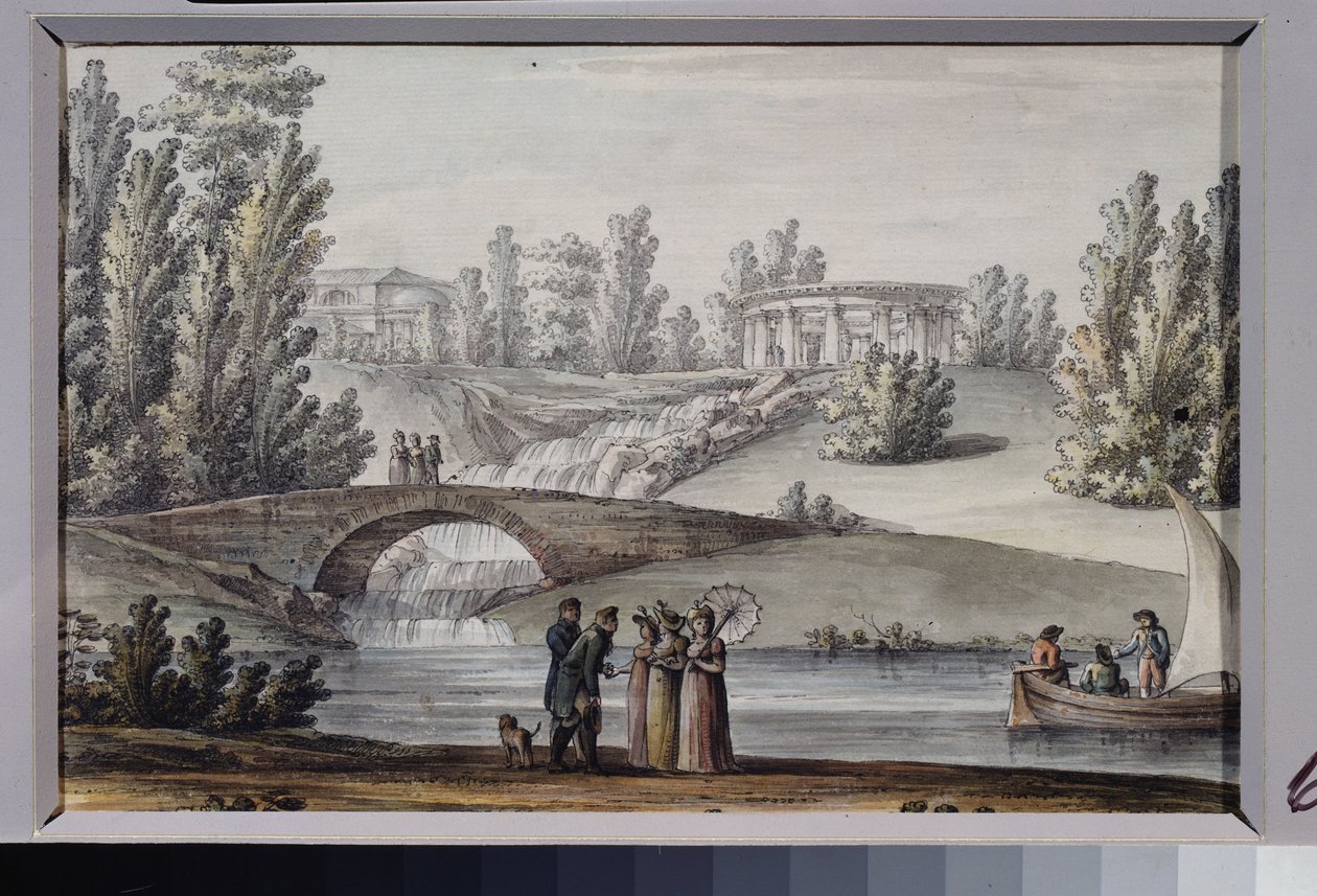 Apollon-tempelet og fossen i Pavlovsk-parken (Sankt Petersburg). Verk av Giacomo Antonio Domenico Quarenghi (1744-1817), blekk og akvarell på papir, rundt 1800. Italiensk kunst av Giacomo Quarenghi