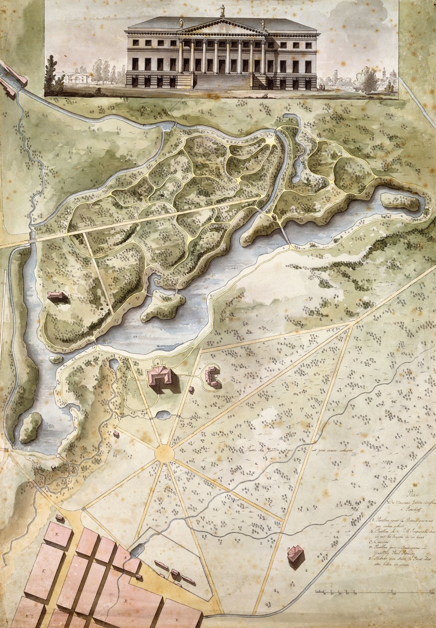 Peterhof, Russland: Høyde av det engelske palasset og plan for parken, av Giacomo Quarenghi