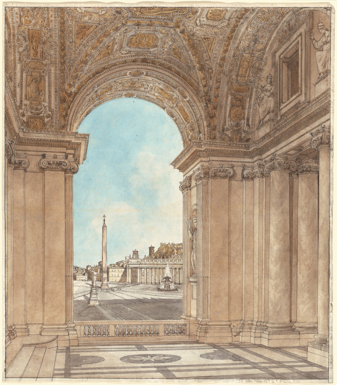 Piazzaen ved Peterskirken sett gjennom en bue av basilikaen av Giacomo Quarenghi