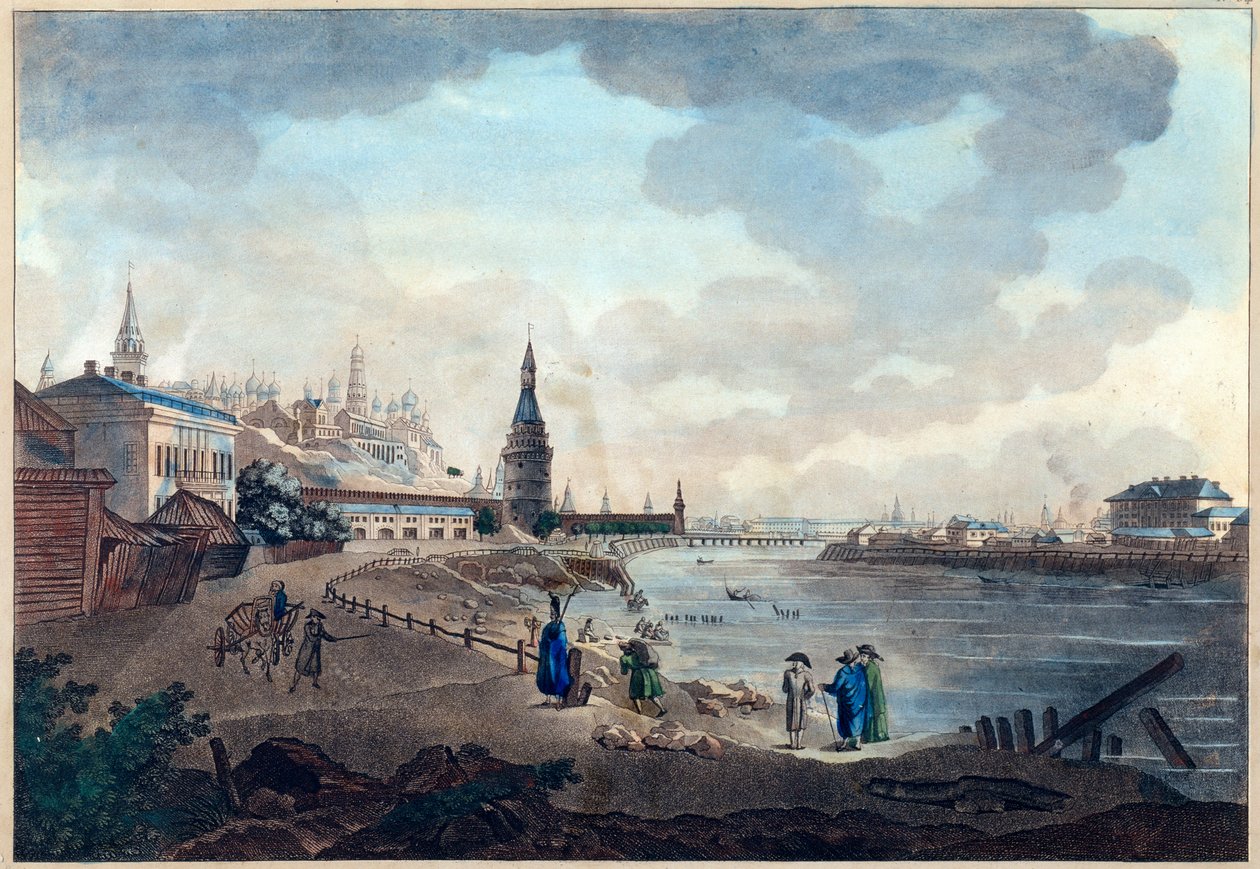 Utsikt over Moskva Kreml tatt fra steinbroen over Moskva (Moskva eller Moskwa). Verk av Giacomo Antonio Domenico Quarenghi (1744-1817), akvarell og blekk på papir, ca. 1790. Italiensk kunst av Giacomo Quarenghi
