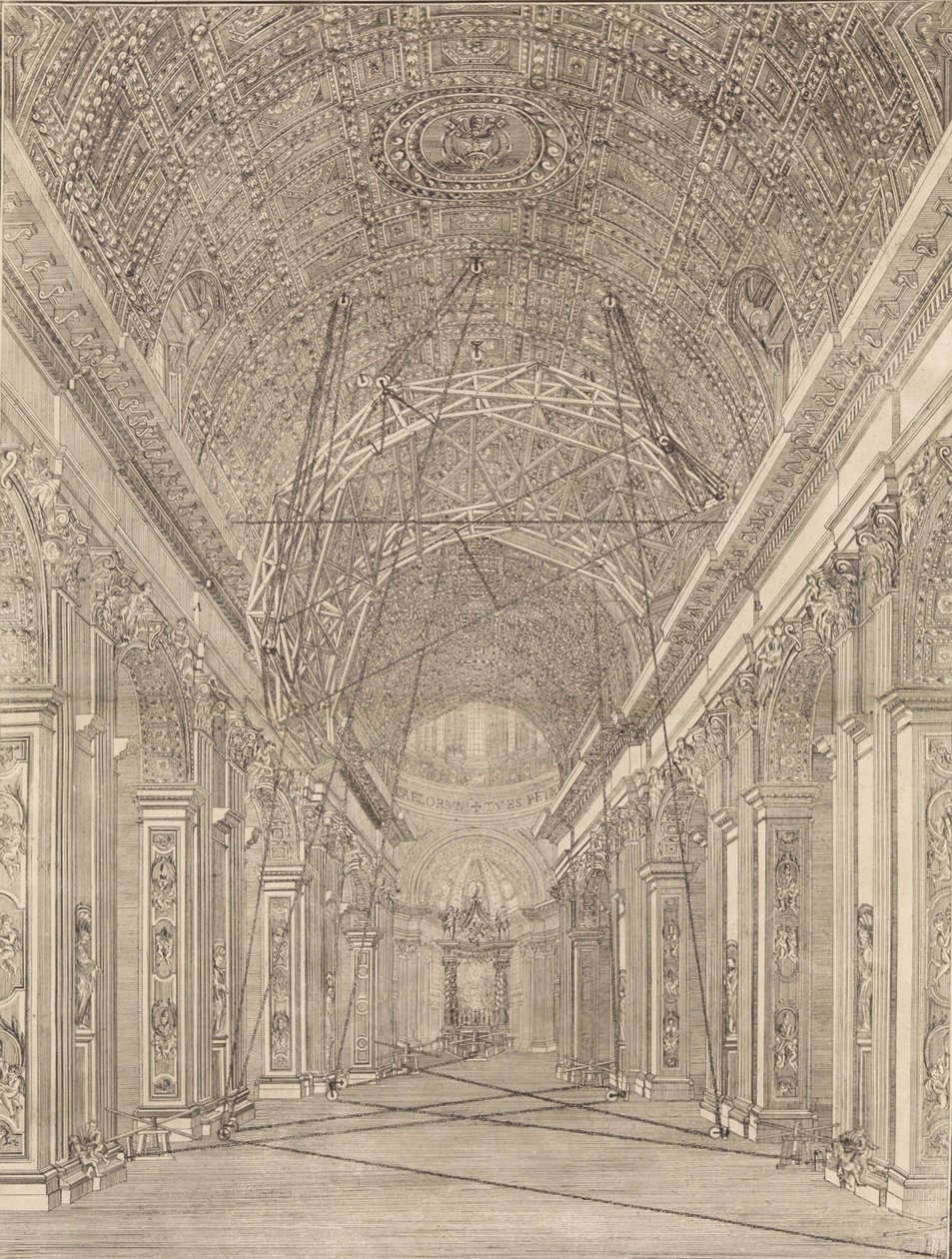 Stillas reist for restaurering av hvelvet i Peterskirken: Oversikt..., ca. 1773. av Giacomo Sangermano