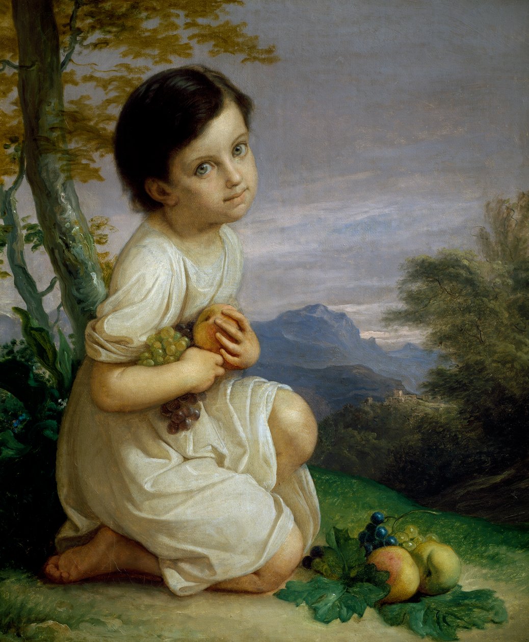 Portrett av Lena Presti med frukt av Giacomo Trecourt