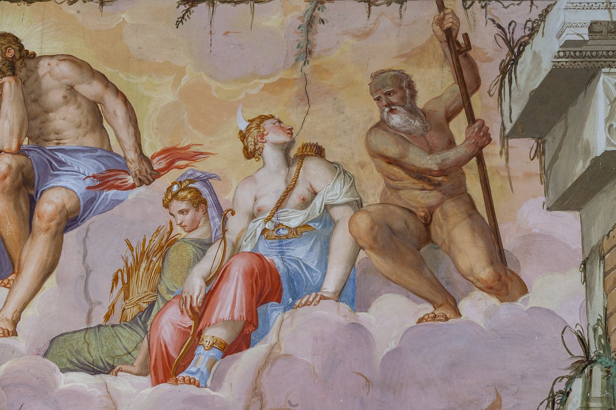 Ceres (høstgudinnen med en bunt ører) og Diana (jaktens gudinne med buen), detalj av Olympus-rommet, ca. 1557 (fresco) av Giambattista Zelotti