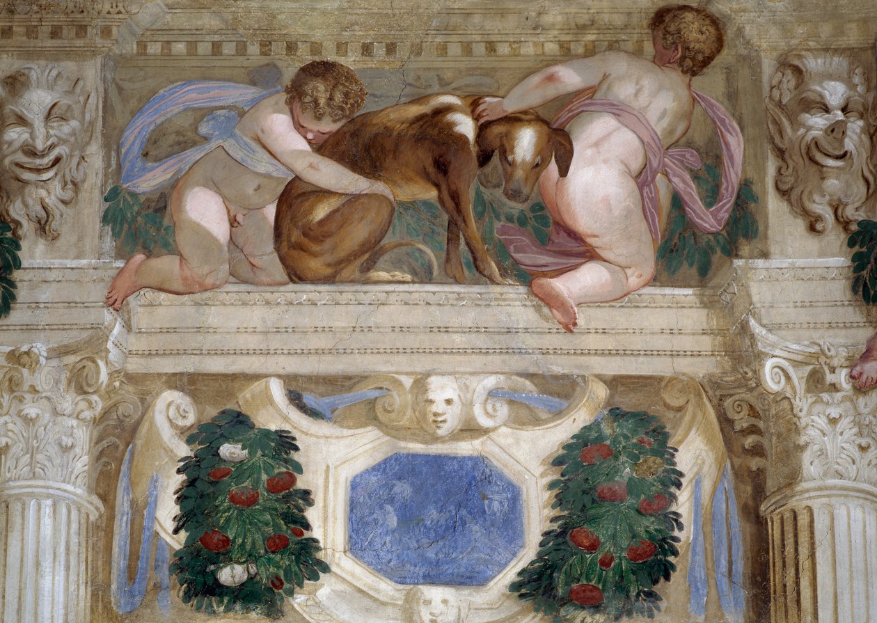Putti med en greyhound, fruktfestonger og mascarons av Giambattista Zelotti
