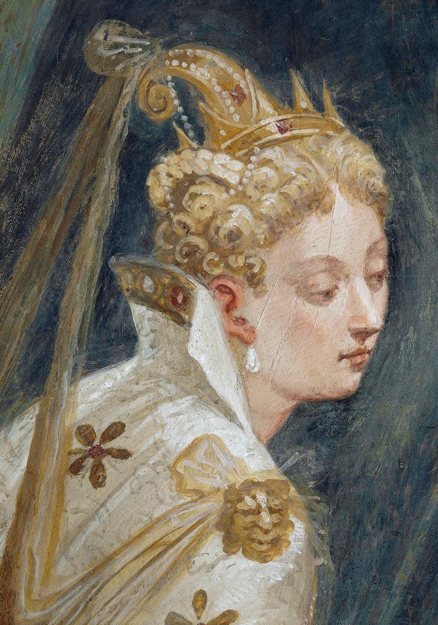 Ansiktet til Sophonisba, detalj av fresken Sophonisba blir tilbudt gift i nærvær av barnet hennes av Giambattista Zelotti